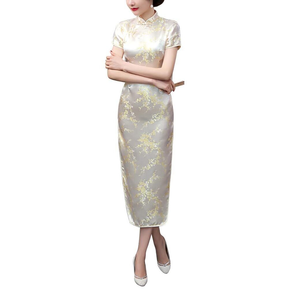 4773 Vintage Short Sleeve Maxi Cheongsam Print High Slit Side Traditional